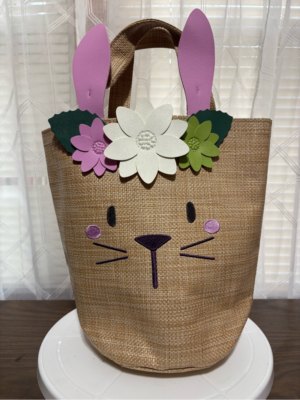 Bath & Body Bunny Straw Tote with Floral Trim - Pink & Green Accents 10x10.5x6